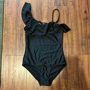 NWT Girls black one sleeve ruffle swimsuit